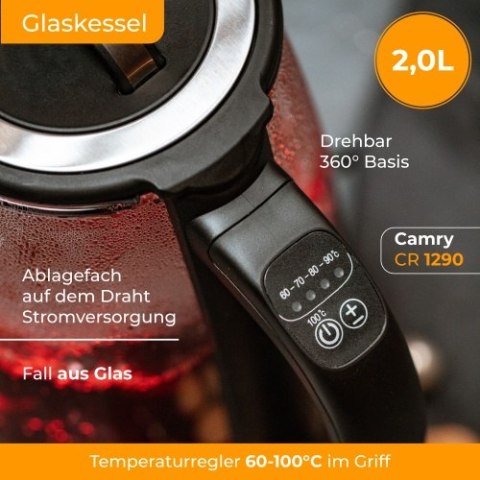 Camry Czajnik szklany 2,0 L z zaparzaczem oraz regulacją temp.