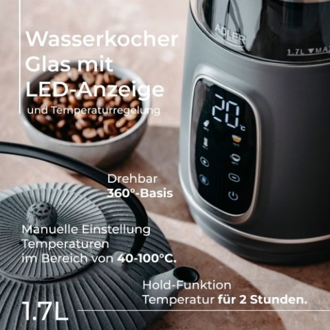 Adler Czajnik elektryczny szklany LED z regulacją temperatury 1,7L