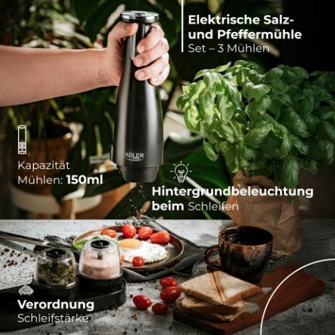 Adler Młynek do przypraw, soli i pieprzu - Zestaw 3 młynków - USB