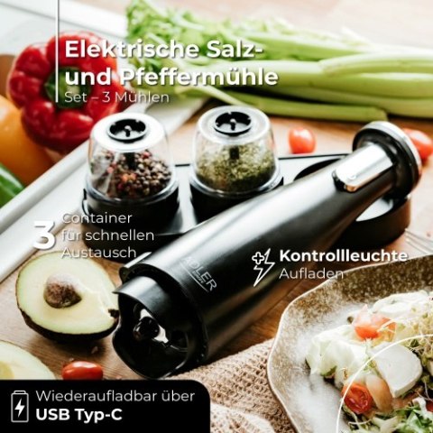 Adler Młynek do przypraw, soli i pieprzu - Zestaw 3 młynków - USB