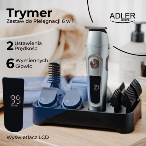Adler Trymer - Zestaw do Pielęgnacji 6 w 1 z Wyś. LCD i Bazą Ładującą