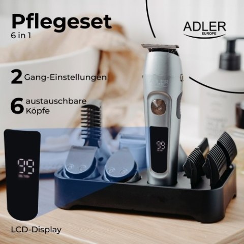 Adler Trymer - Zestaw do Pielęgnacji 6 w 1 z Wyś. LCD i Bazą Ładującą