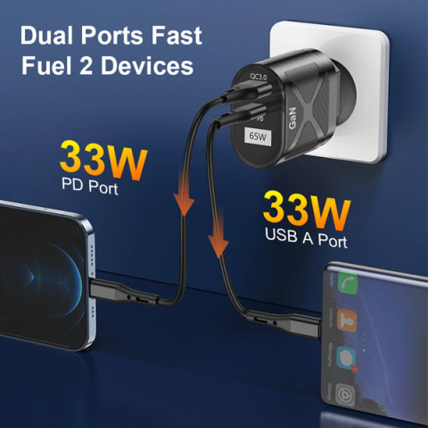 Ładowarka sieciowa faston GaN USB+TYP-C 65W PD, Exobox