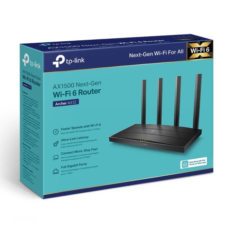 ROUTER Archer AX12, bezprzewodowy WiFi6, dwupasmowy AX1500, 300/1201 Mb/s / TP-Link ROUTER Archer AX12, bezprzewodowy WiFi6, dwupasmowy AX1500, 300/1201 Mb/s / TP-Link