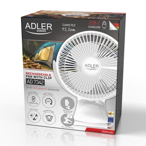 Adler Wentylator biurkowy z klipsem |Akumulatorowy| 15,5 cm | 360° obrót| USB-C | Adler Wentylator biurkowy z klipsem |Akumulatorowy| 15,5 cm | 360° obrót| USB-C |