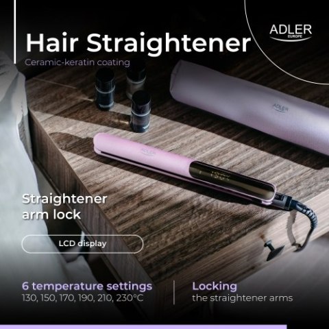 Adler Prostownica do włosów keratynowa | Powłoka ceramiczno-keratynowa | Wyświetlacz LCD | 6 poziomów temp. | Etui + rękawiczka termic