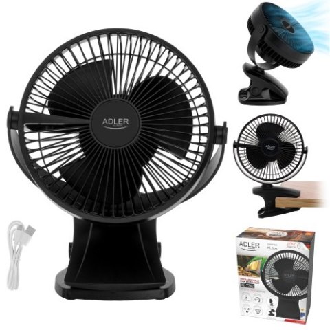 Adler Wentylator biurkowy z klipsem |Akumulatorowy| 15,5 cm | 360° obrót| USB-C |