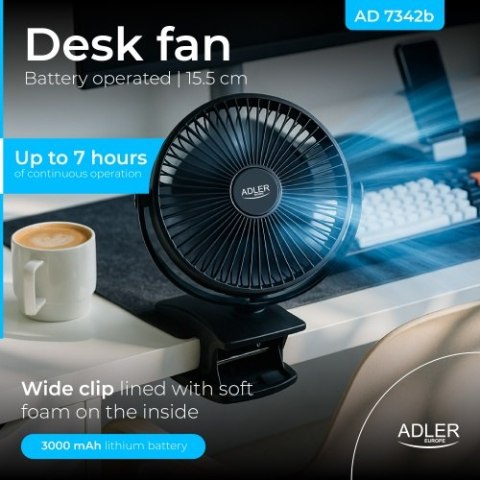 Adler Wentylator biurkowy z klipsem |Akumulatorowy| 15,5 cm | 360° obrót| USB-C |