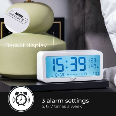 Adler Budzik na baterie - Biały