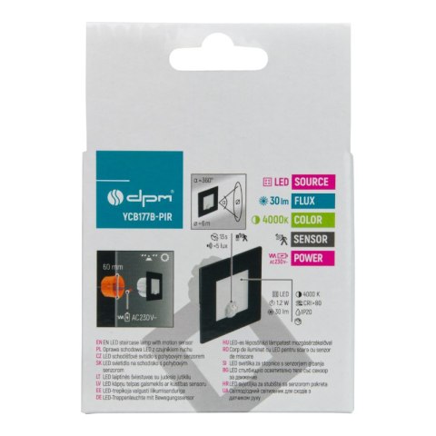 Oprawa LED schodowa z czujnikiem ruchu, kwadratowa, czarny mat DPM