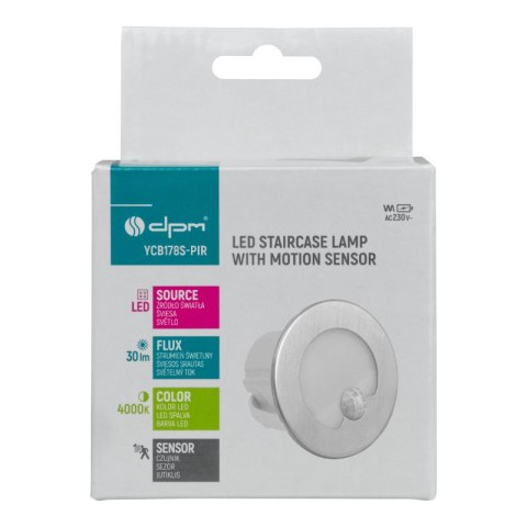 Oprawa LED schodowa z czujnikiem ruchu, okrągła, srebrna DPM
