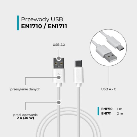 Przewód USB A - C, biały, 2 m