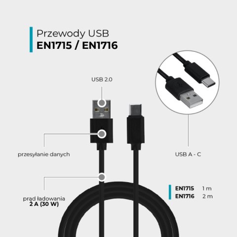 Przewód USB A - C, czarny, 1 m