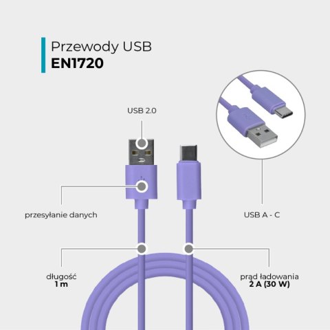 Przewód USB A - C, fioletowy, 1 m