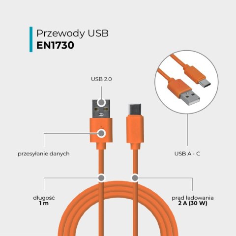 Przewód USB A - C, pomarańczowy, 1 m