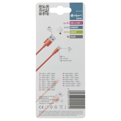 Przewód USB A - C, pomarańczowy, 1 m