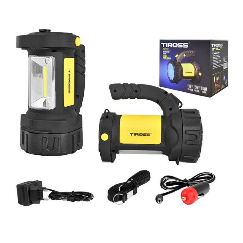 Tiross szperacz latarka diodowa, 15-LED + COB 2W z akumulatorem 1000mAh, ładowarka sieciowa i samochodowa, żółta Tiross szperacz latarka diodowa, 15-LED + COB 2W z akumulatorem 1000mAh, ładowarka sieciowa i samochodowa, żółta