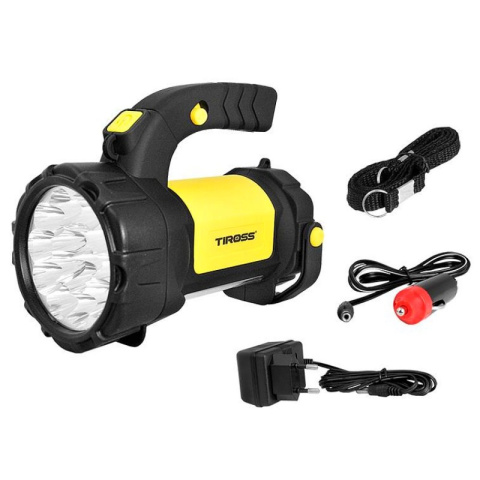 Tiross szperacz latarka diodowa, 15-LED + COB 2W z akumulatorem 1000mAh, ładowarka sieciowa i samochodowa, żółta Tiross szperacz latarka diodowa, 15-LED + COB 2W z akumulatorem 1000mAh, ładowarka sieciowa i samochodowa, żółta