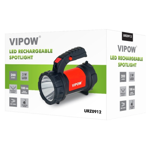 Vipow szperacz latarka diodowa LED + COB 3W z akumulatorem 2000mAh, ładowana przez port USB, czerwona Vipow szperacz latarka diodowa LED + COB 3W z akumulatorem 2000mAh, ładowana przez port USB, czerwona