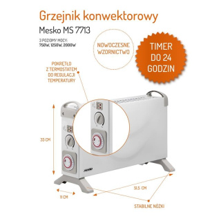 Mesko MS 7713 grzejnik konwektorowy, termostat, konwektor 2000W + timer, biały